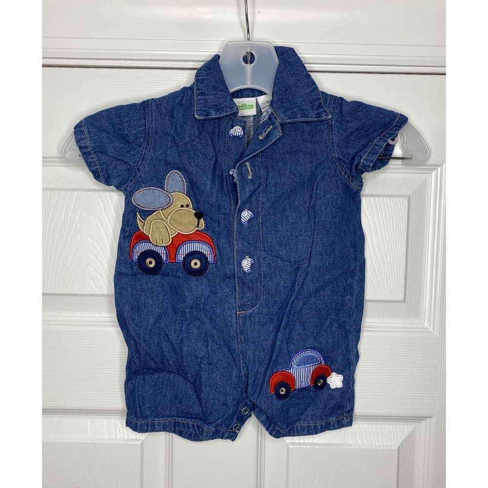 Vintage 2002 Sesame Street Baby Denim One Piece Cars Dogs 3/6 Months